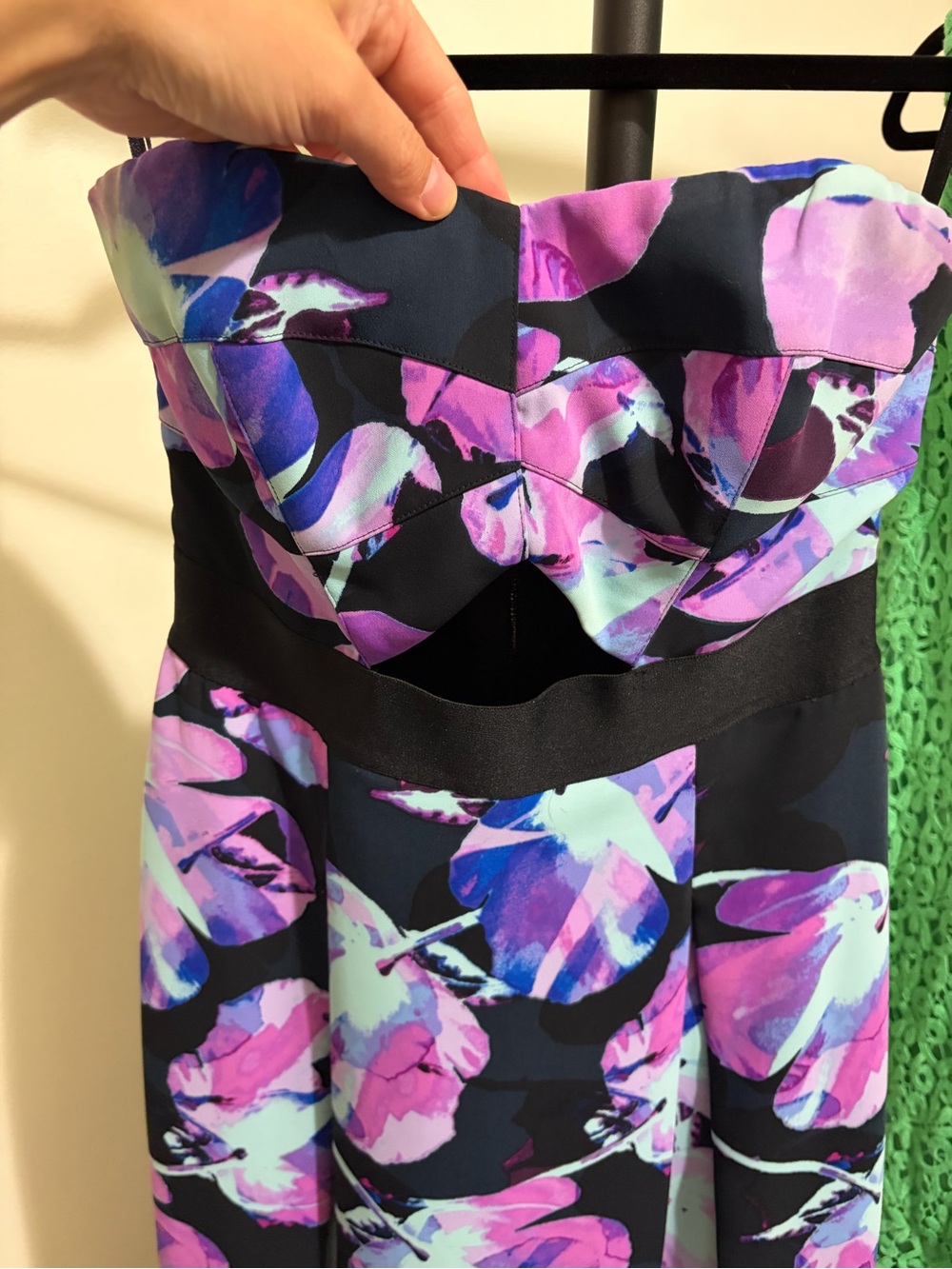 Strapless Floral Midi Dress in Purple & Black
